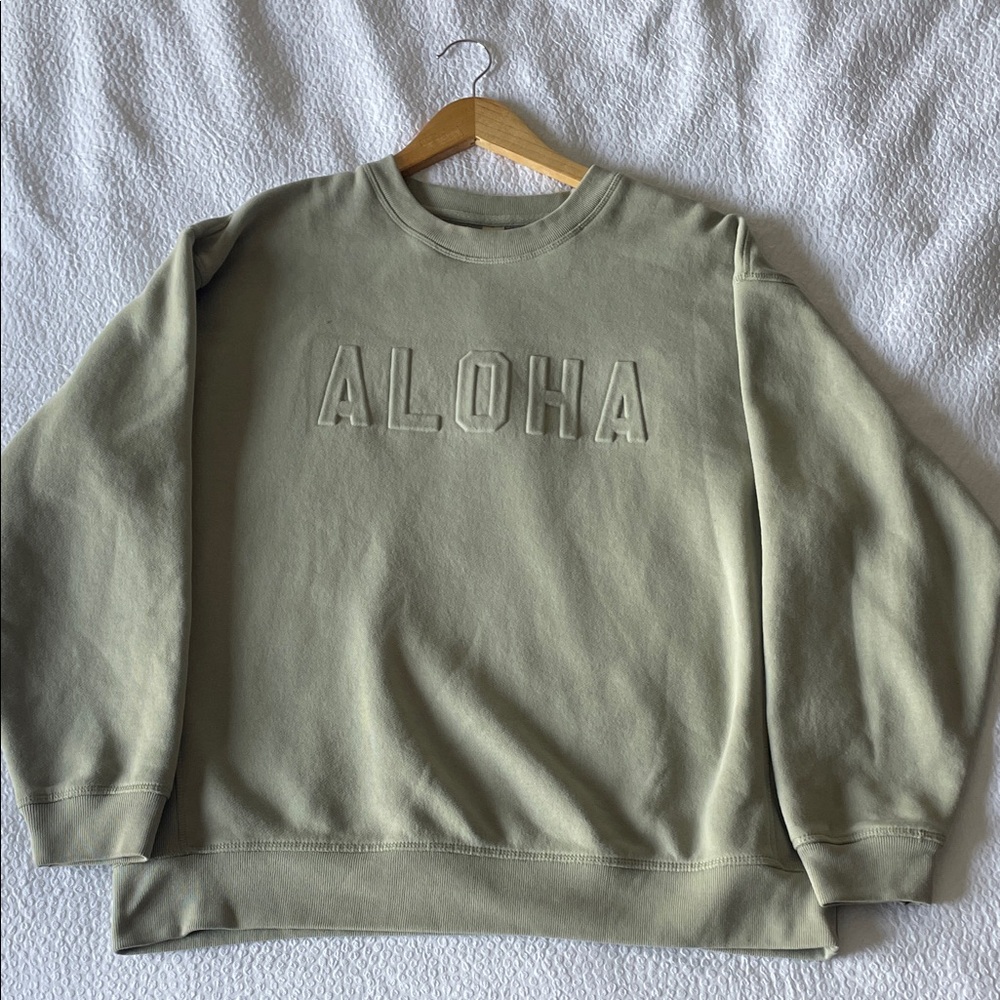 mahina Olive Green Crewneck Embossed “ALOHA” Sweatshirt - one size